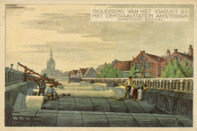 603216 Afbeelding van het aanbrengen van een isolatielaag, een product van de N.V. Utrechtsche Asphaltfebriek v.h. ...